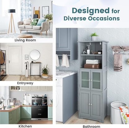 LOKO Tall Bathroom Cabinet, Modern Storage Organizer with Doors & Open Shelves, Wooden Floor Cabinet with Adjustable Shelves for Bathroom, Living Room or Kitchen (Grey)