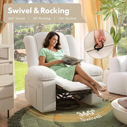 FLEXISPOT Swivel Rocker Recliner Chair for Adults, Massage Recliner Rocking Chair Nursery, 360° Swivel Nursery Glider for Living Room Bedroom, Beige (XRC2)
