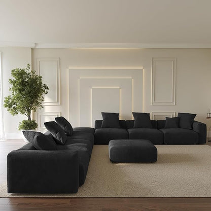 Oversized Modular Sectional Sofa with Ottomans,8 Seater Corduroy V Shaped Reversible Corner Couch,181.73" Convertible Sofa & Couch Free Combination for Living Rooom,Black