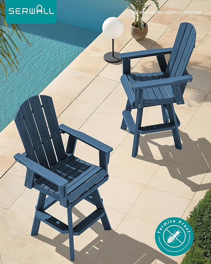 SERWALL 5-Piece Swivel Adirondack Bar Set, HDPE Swivel Bar Height Chairs Set of 4 with Bar Table, All-Weather Outdoor Barstools for Patio, Poolside, Garden, Blue