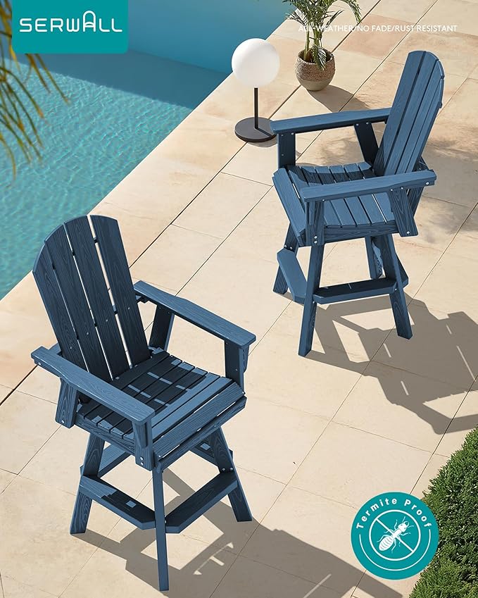 SERWALL 3-Piece Swivel Adirondack Bar Set, HDPE Swivel Bar Height Chairs Set of 2 with Bar Table, All-Weather Outdoor Barstools for Patio, Poolside, Garden, Blue
