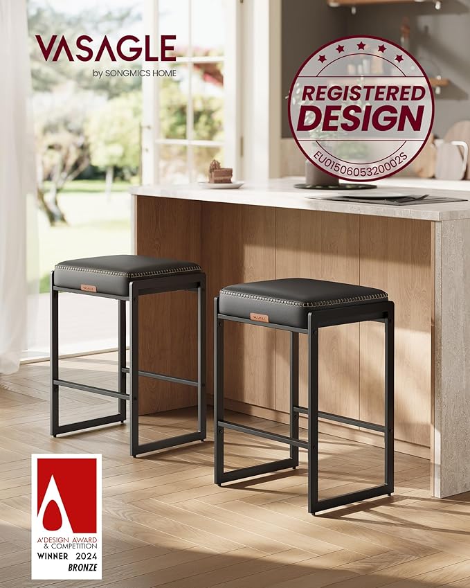 VASAGLE EKHO Collection - Bar Stools Set of 2, Counter Height Bar Stools, Synthetic Leather with Stitching, Mid-Century Modern Counter Stools, 26-Inch Tall, Kichen Home Bar Dining Room, Ink Black