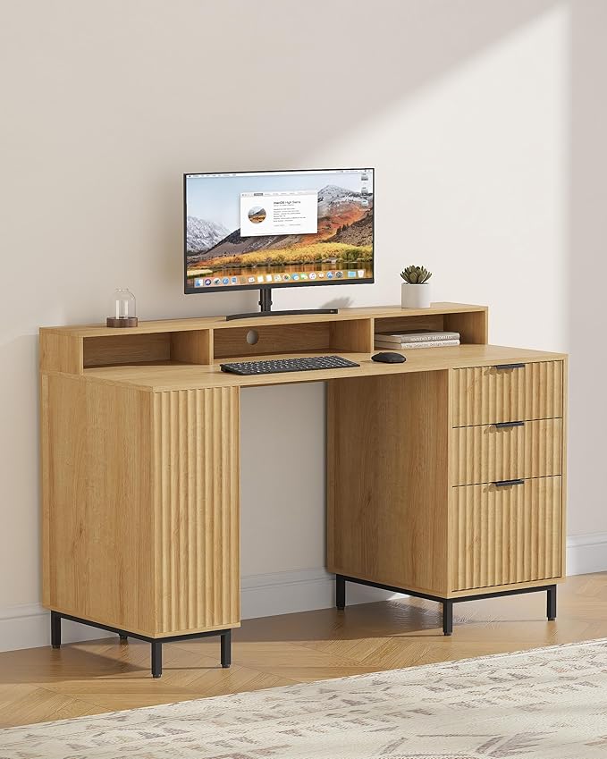 55'' Fluted Executive Desk with Drawers, Modern Home Office Computer Desk with Charging Station, File Drawer, Monitor Stand, Storage Shelf for Work Writing Study, Natural Oak