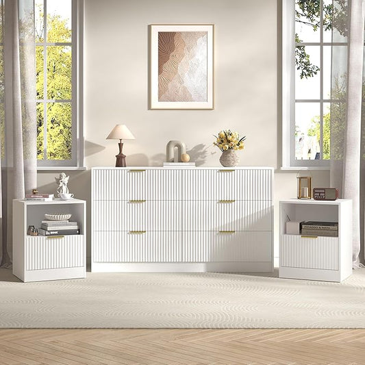 3-Piece Modern Bedroom Furniture Set, Wide 6-Drawer Dresser & 1-Drawer Nightstands Set of 2, Natural Wood Dresser and Nightstand Sets for Bedroom, Hallway, White