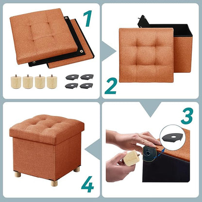 BRIAN & DANY Ottoman with Storage, Small Storage Ottoman for Dorm, Linen Folding Ottoman Foot Stool with Legs for Living Room and Bedroom, 15"x15"x15" - Orange