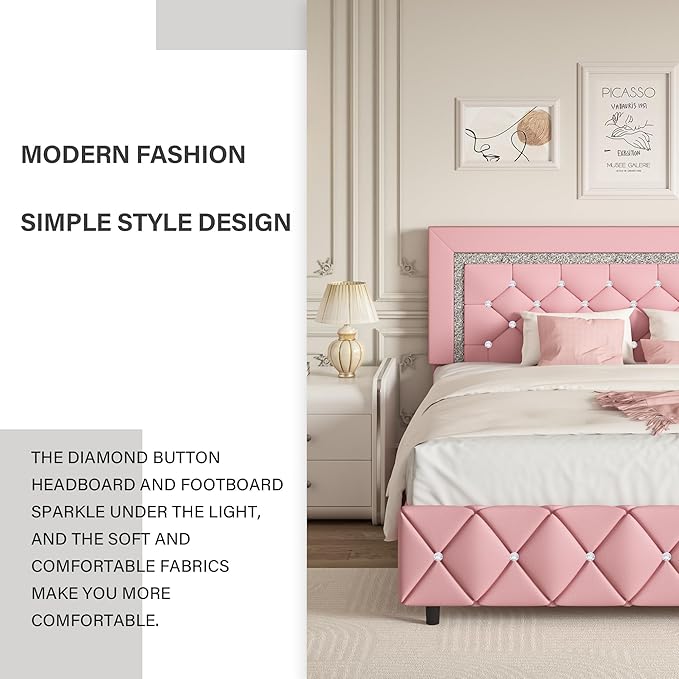 BarnFurin Twin Bed Frame with Headboard, Faux Leather Upholstered Bed with Diamond Tufted Design, Princess Twin Bed Frames for Kids, No Box Spring Required, Easy Assembly, Pink
