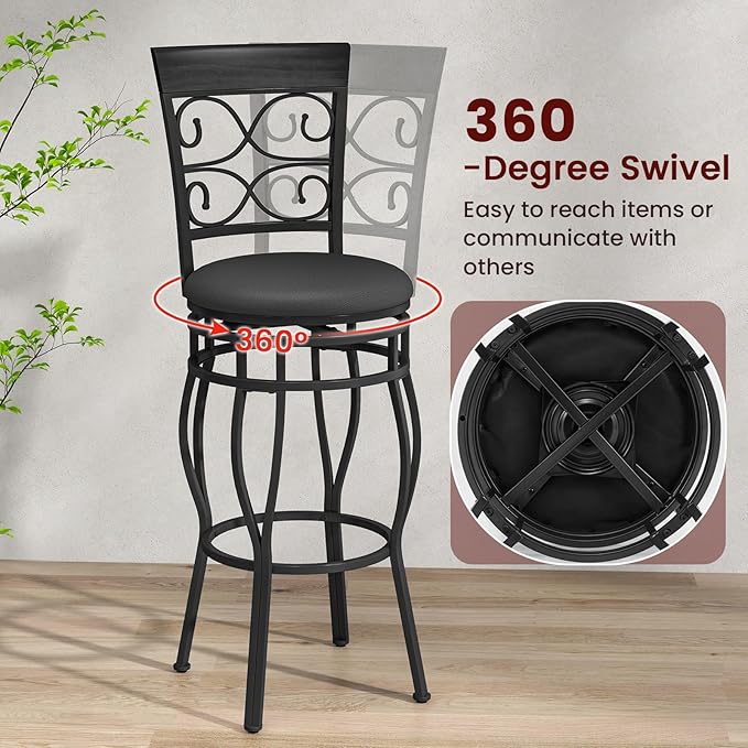 Giantex 30" Swivel Bar Stools Set of 2, Bar Height Bar Stools with Back, Upholstered PU Leather Seat, Footrest, Max Load 330Lbs, Vintage Metal Barstools for Kitchen Island, Dining Room, Pub, Black