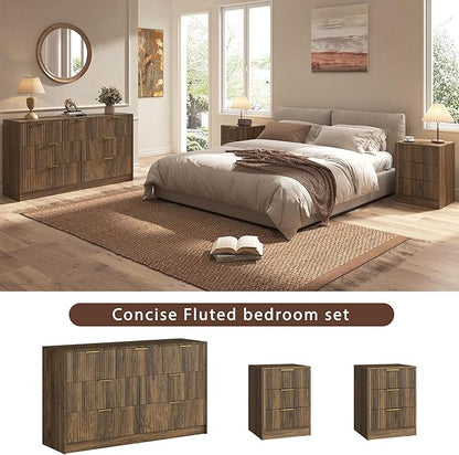 3-Piece Modern Bedroom Furniture Set, Wide 7-Drawer Dresser & 3-Drawer Nightstands Set of 2, Natural Wood Dresser and Nightstand Sets for Bedroom,Hallway, Walnut