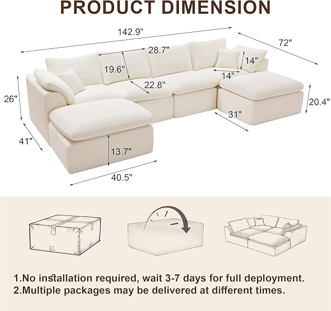 143" Cloud Sectional Couch, Boneless couches for Living Room，U Shaped Couch with Convertible Ottoman, Modular Sectional Sofa with Deep Seat, Comfy Soft Cushions, No Assembly, Beige