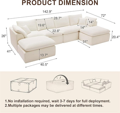 143" Cloud Sectional Couch, Boneless couches for Living Room，U Shaped Couch with Convertible Ottoman, Modular Sectional Sofa with Deep Seat, Comfy Soft Cushions, No Assembly, Beige