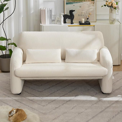 56'' Corduroy Loveseat Sofa, 2 Seater Love Seat Couch for Small Space, Comfy Upholstered Modern Leisure Loveseat Couches with Lumbar Pillows for Bedroom, Office, Living Room, White