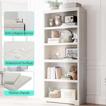 LINSY HOME 5-Shelf Bookcase, Bookshelves Floor Standing Display Storage Shelves 68 in Tall Bookcase Home Decor Furniture for Home Office, Living Room, Bed Room - White Oak