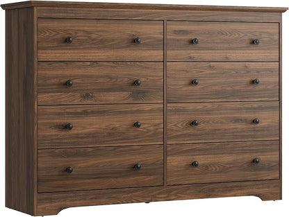 Dresser for Bedroom, 8 Drawer Dresser with Large Drawers, 55 Inch Wide Wood Chest for Living Room, Hallway, Walnut