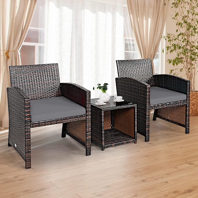 COSTWAY 3 Pieces Patio Furniture Sets, Outdoor Rattan Conversation Set with Tempered Glass Tabletop and Soft Cushion, Wicker Cushioned Chair Sofa for Backyard, Porch, Poolside, Lawn, Gray