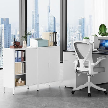 Metal Locker Storage Cabinet, Accent Sideboard Cabinet with Adjustable Shelves for Home Office, Garage, Kitchen, Living Room (White, 40" H-Metal Doors)