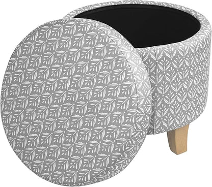 HomePop Upholstered Round Storage Ottoman Home Décor|Upholstered Round Foot Rest Ottoman - Light Grey Print Large