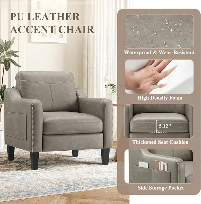 PU Leather Accent Chair Set of 2, Mid-Century Modern Living Room Armchair Sofa with Removable Cushions, Solid Wood Frame & Stitched Armrest Design, Bedroom Chair with Plastic Legs, Grey