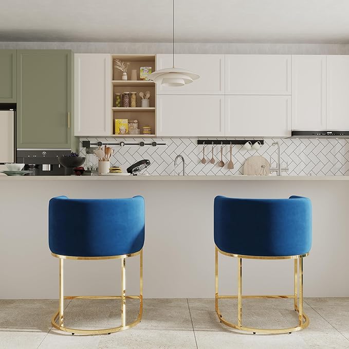Contemporary Blue Velvet Bar Stools Set of 2, 24" Upholstered Fabric Counter Height Barstools Kitchen Counter Island Stools with Screwed Together Golden Metal Base