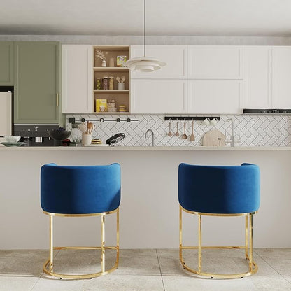 Contemporary Blue Velvet Bar Stools Set of 2, 24" Upholstered Fabric Counter Height Barstools Kitchen Counter Island Stools with Screwed Together Golden Metal Base