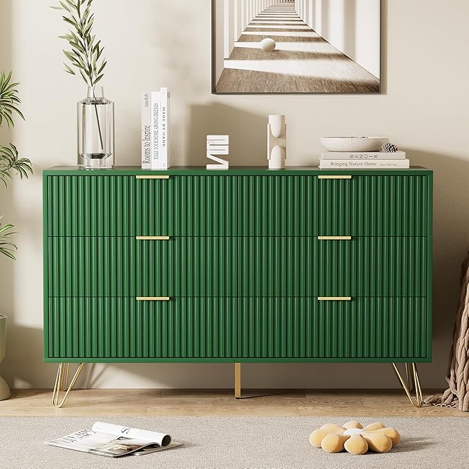 Green Dresser for Bedroom, Modern Dresser with Gold Metal Handles & Chests of Drawers for Bedroom, 15.7" D x 47.2" W x 29.5" H