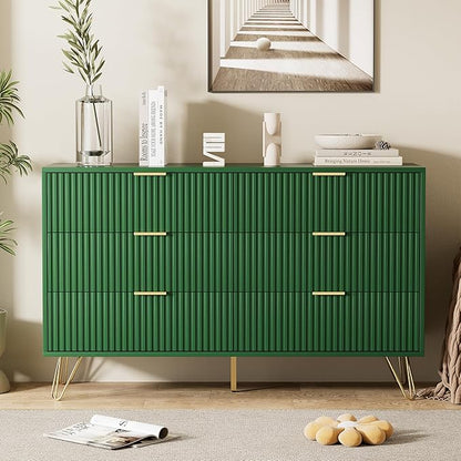 Green Dresser for Bedroom, Modern Dresser with Gold Metal Handles & Chests of Drawers for Bedroom, 15.7" D x 47.2" W x 29.5" H