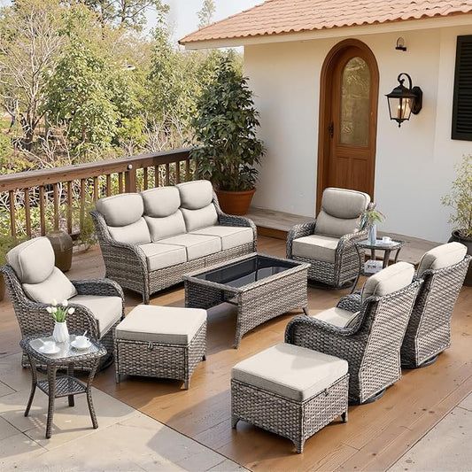 Belord Luxury 6" Thick Cushioned 10 Pieces Patio Furniture Set with Outdoor Couch, Wicker Outdoor Conversation Set with High Back Swivel Rocker Chairs for Deck Porch Yard and Poolside - Grey+Beige