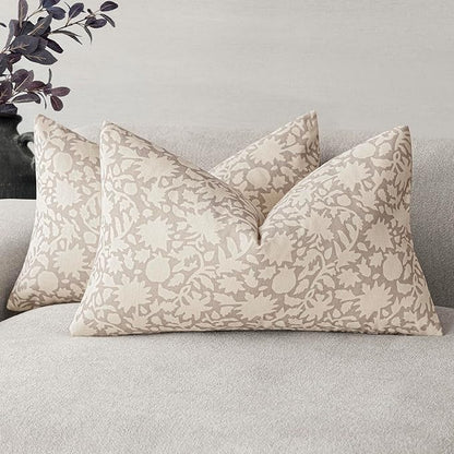 Foindtower Set of 2 Decorative Neutral Floral Throw Pillow Covers Accent Farmhouse Cushion Covers Boho Lumbar Pillowcase for Couch Sofa Bedroom Living Room Home Decor,12×20 Inch,Ivory Beige