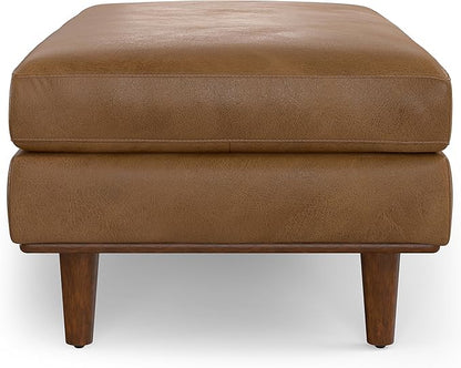 SIMPLIHOME Morrison 49 inch Wide Large Rectangular Ottoman in Caramel Brown Genuine Leather, Multifunctional Footrest, Coffee Table, and Extra Seating for Living Room, Mid-Century Modern Style