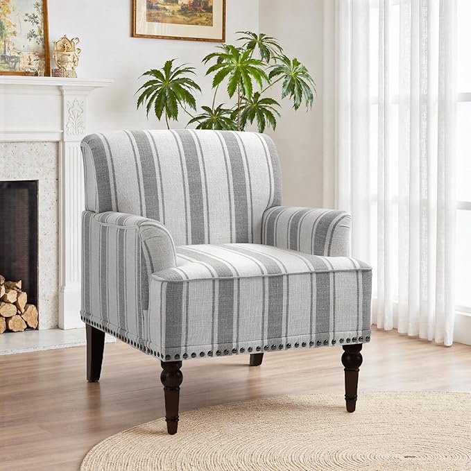 Pia Ricco Stripe Accent Chair-Modern Nailhead Trim & Wood Legs Armchair - Comfy Living Room, Bedroom, or Home Office Seating-Gary