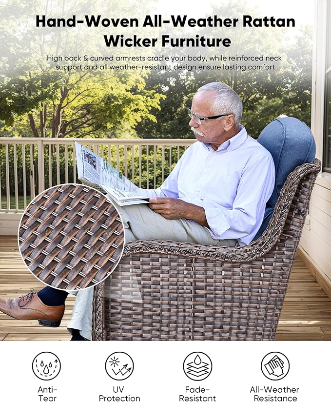7-Piece Outdoor Wicker Patio Furniture Set with Swivel Glider Chairs, 3-Seat Sofa, Coffee Table & Ottomans 5” Olefin Cushions Ergonomic Neck-Lumbar Backrest All-Weather Rattan for Garden, Deck, Porch
