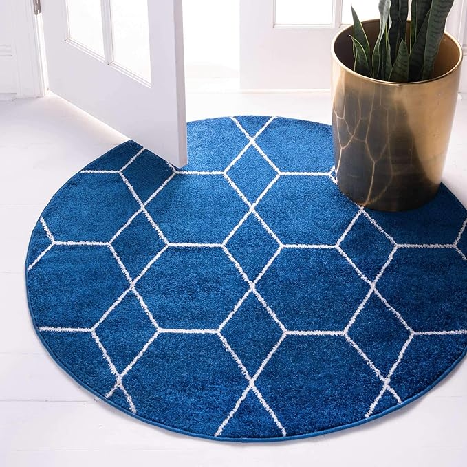 Unique Loom Trellis Frieze Collection Area Rug - Geometric (6' Round, Navy Blue/ Ivory)