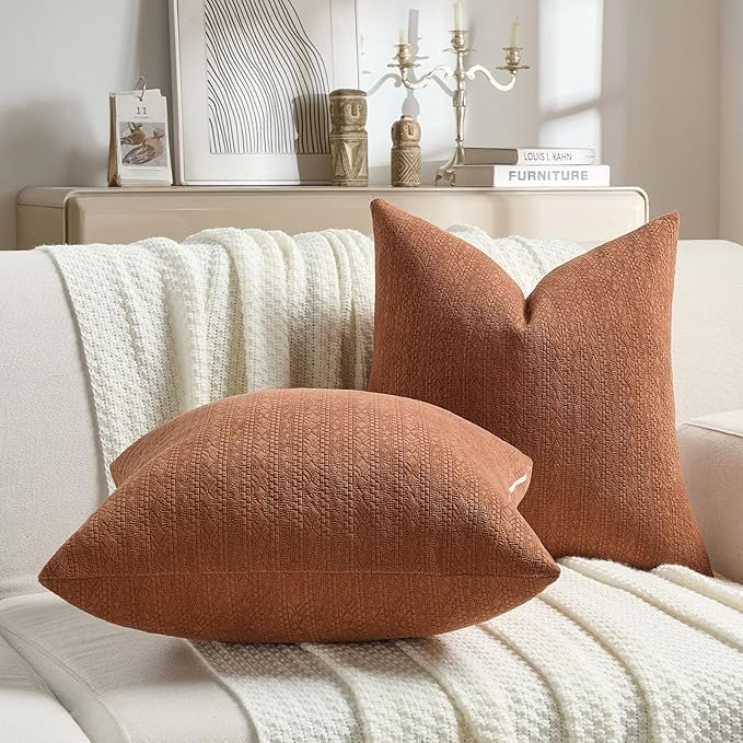 FUTEI Rust Chenille Throw Pillow Covers 16x16 Inch Set of 2,Soft Striped & Diamond Textured Cushion Cases,Modern Home Decor for Couch Living Room