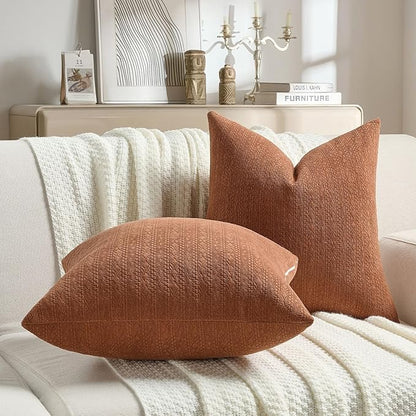 FUTEI Rust Chenille Throw Pillow Covers 16x16 Inch Set of 2,Soft Striped & Diamond Textured Cushion Cases,Modern Home Decor for Couch Living Room