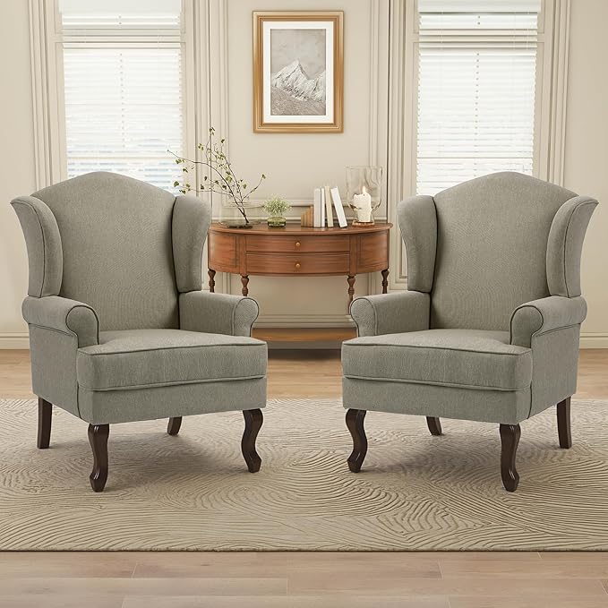 Pia Ricco High Back Floral Accent Chair, Upholstered Fabric Armchair with Solid Wood Legs - Retro Living Room Reading Chair, Comfortable Single Sofa Seat-Moss Grey