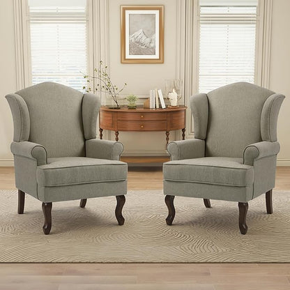 Pia Ricco High Back Floral Accent Chair, Upholstered Fabric Armchair with Solid Wood Legs - Retro Living Room Reading Chair, Comfortable Single Sofa Seat-Moss Grey