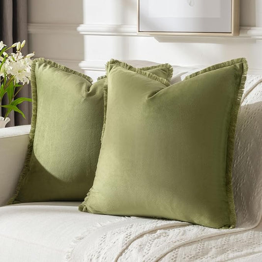 FUTEI Sage Green Velvet Decorative Throw Pillow Covers 26x26 Set of 2,Soft Cozy Edge with Tassels Euro Pillow Shams,Boho Modern Home Decor for Couch Bed Living Room