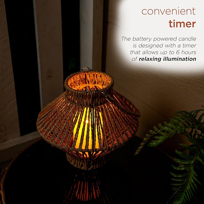 Alpine Corporation LAN420HH-BG-TM Hanging Woven Lantern with LED Candle and Timer, Boho Home Decor, 9" H, Beige