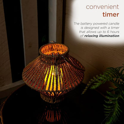 Alpine Corporation LAN420HH-BG-TM Hanging Woven Lantern with LED Candle and Timer, Boho Home Decor, 9" H, Beige