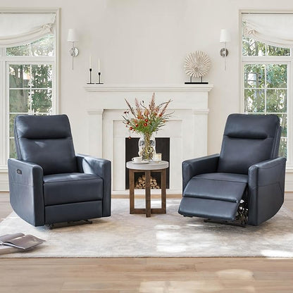 CHITA Genuine Leather Power Recliner Chair for Adults, Electric Wall Hugger Recliner for Small Spaces, Modern Living Room and RV Recliner Chair with Power Headrest & Charging Ports, Dark Blue