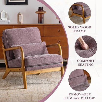 Karl home Mid Century Modern Accent Chair with Lumbar Pillow & Oak Arms – Plush Chenille Living Room Chair for Bedroom, Lounge (Purple)