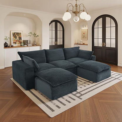 108" Sectional Couches for Living Room Boneless Couch Upholstered Cloud Couch Sectional Modular Sectional Sofa with L Shaped (Corduroy-Blue, 3 Seat+2 Ottoman)