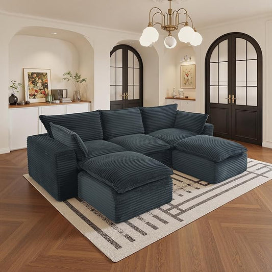 108" Sectional Couches for Living Room Boneless Couch Upholstered Cloud Couch Sectional Modular Sectional Sofa with L Shaped (Corduroy-Blue, 3 Seat+2 Ottoman)