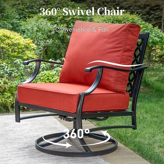 4 Piece Metal Outdoor Patio Furniture Sets, Patio Conversation Sets 1 3-seater Sofa, 2 Swivel Chair with 5.75" Extra Thick Cushion and Coffee Table, Black Frame Backyard Furniture, Red