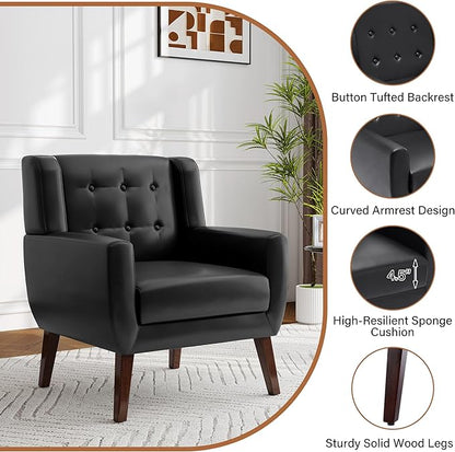 Lumibee Accent Chairs Set of 2, Modern Faux Leather Armchairs for Living Room, Comfy Upholstered Arm Chairs Tufted for Indoor Bedroom Office Room (P Black)