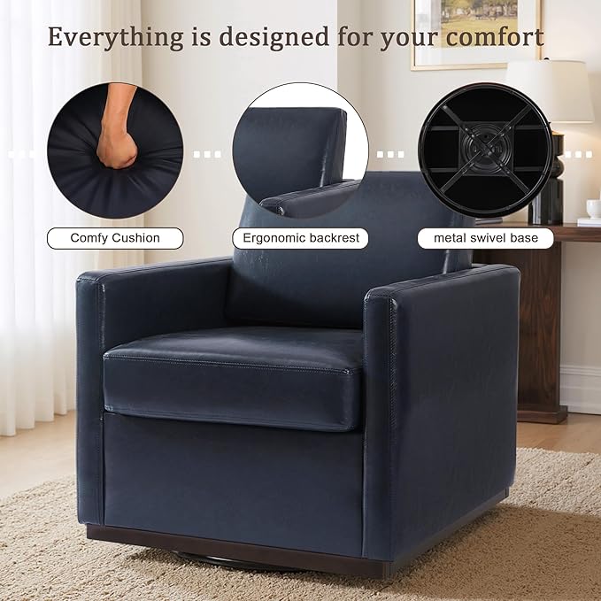 UIXE Faux Leather Swivel Accent Chair, Upholstered Armchair Comfy Club Chair for Living Room, Mid Century Modern Arm Chair Single Sofa Nook Bedroom Side Reading Seat - Navy Blue