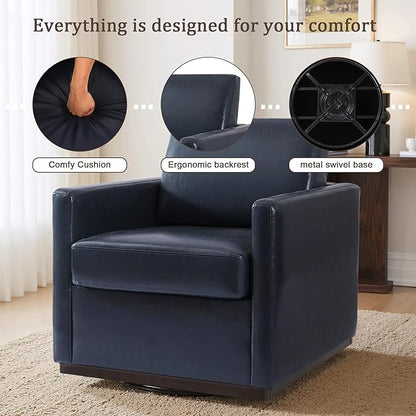 UIXE Faux Leather Swivel Accent Chair, Upholstered Armchair Comfy Club Chair for Living Room, Mid Century Modern Arm Chair Single Sofa Nook Bedroom Side Reading Seat - Navy Blue
