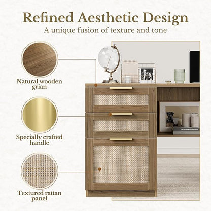 63 Inches L Shaped Standing Desk, Executive Standing Desk with Drawers and File Cabinet, AC/USB, 1.18" Desktop, Multi-Sized Storage Cubby, Privacy Panel, Rattan Computer Desk, Natural Oak