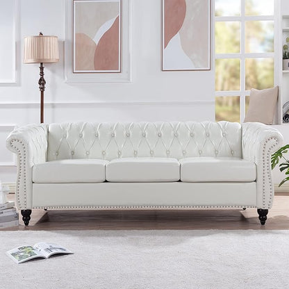 LEVNARY Chesterfield Sofa, Classic Tufted Upholstered Leather Couch, Modern 3 Seater Couch Furniture with Tufted Back for Living Room Office (Cream White)
