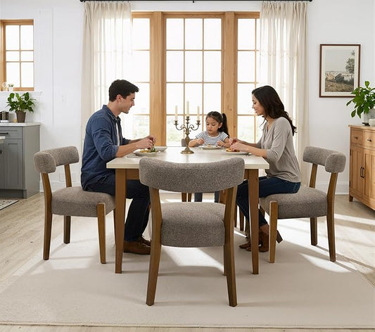 Modern Dining Chairs Set of 4, Walnut Upholstered Kitchen & Dining Room Chairs, Mid Century Wooden Dining Chairs Oversized Sturdy Fabric Rounded Chairs Curved Back, Tan Brown