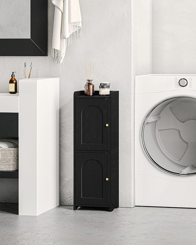 Bathroom Storage Cabinet, Corner Floor Cabinet with 2 Doors and Adjustable Shelf, Narrow Toilet Paper Cabinets, Bathroom Organizer for Small Spaces, 7.9" D x 9.8" W x 29.5" H Black